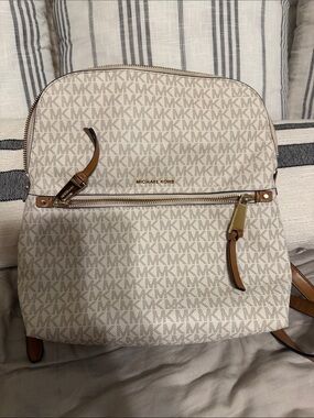 Michael Kors Beige Logo Backpack with Brown Trim
